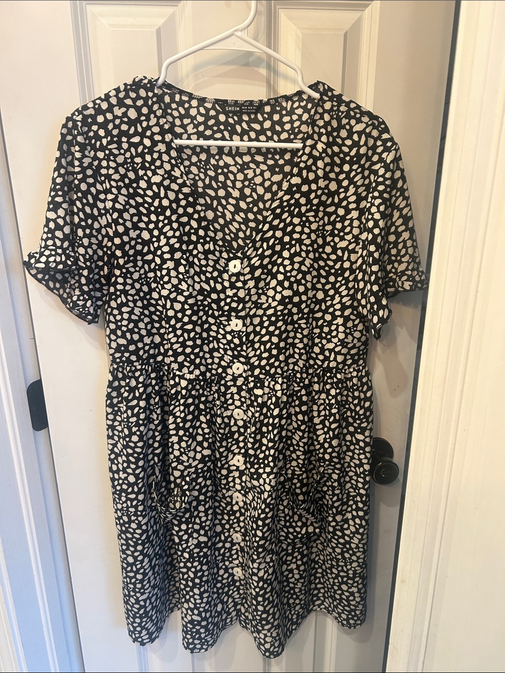 SHEIN Black Dress with White Spot Print - Casual Kids' Button Front